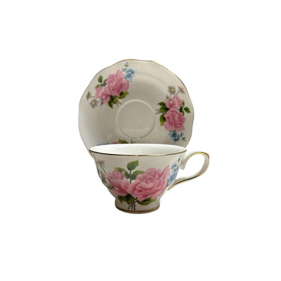 Grace's Teaware Pink Rose Blue Floral Tea Cup & Saucer Gold Trim Scalloped Edge - Picture 2 of 10